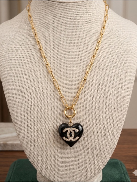 Chanel. Jewelry - ChaneI Gold 18” Chain Necklace with Black Heart and Crystal logo